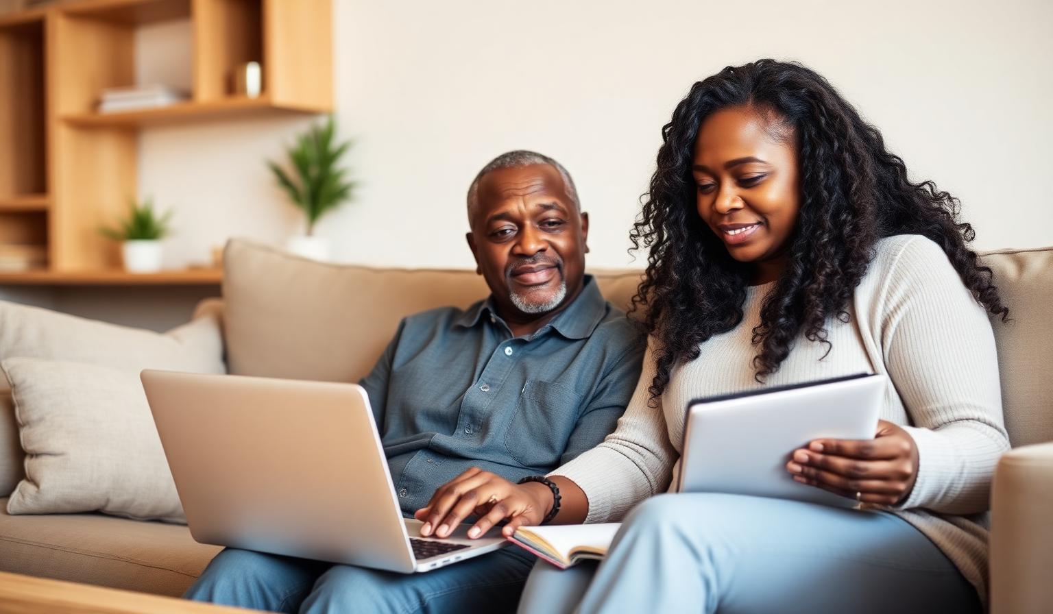 African American couple reviewing finances together on a couch with a laptop.