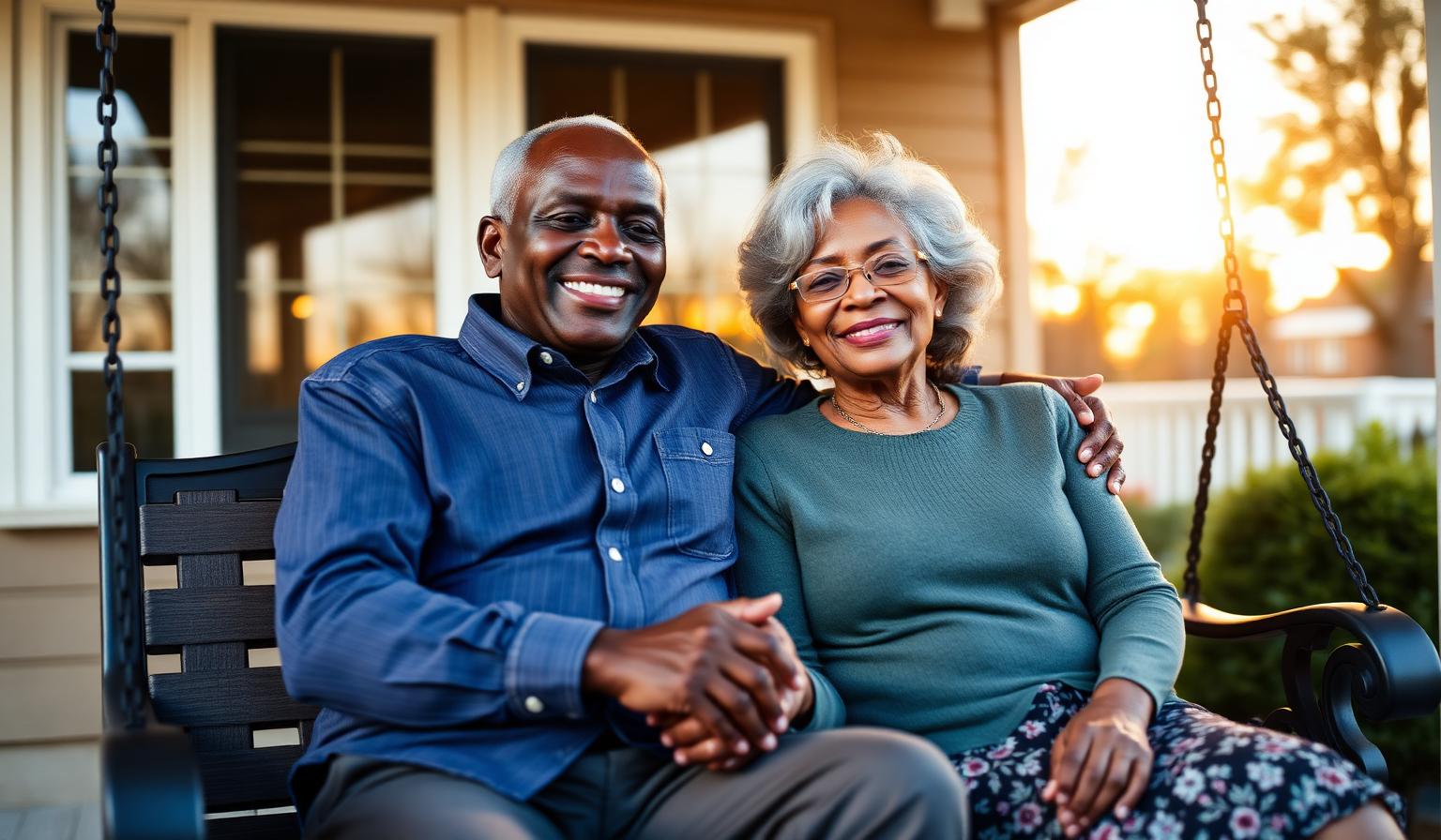 African American senior couple sitting together on a porch at sunset.