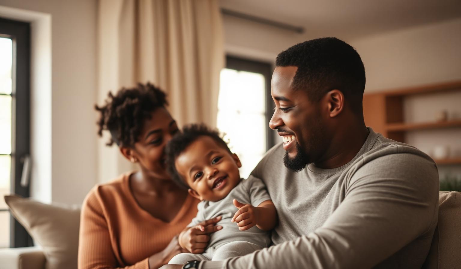 African American family of three smiling together at home.